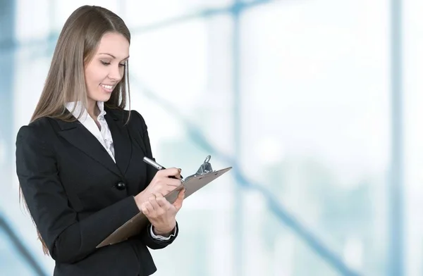 Portrait Young Blonde Woman Black Suit Holding Clipboard — Stock Photo, Image