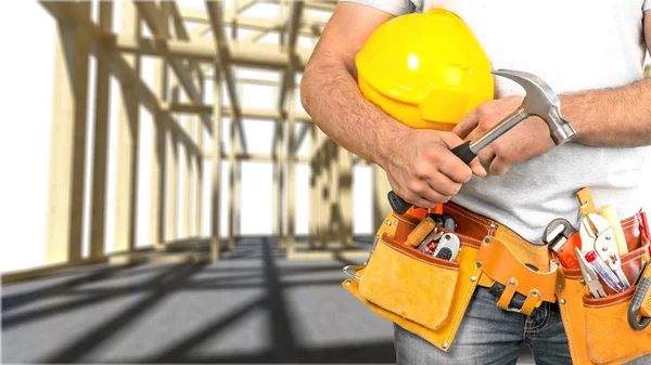 Primer Plano Del Hombre Uniforme Celebración Casco Amarillo — Foto de Stock