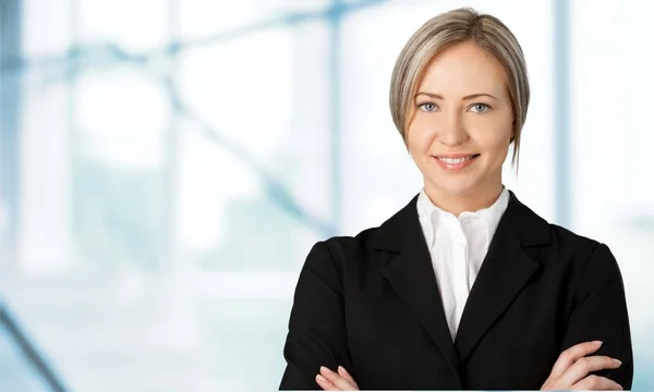 Portrait Young Blonde Woman Black Suit — Stock Photo, Image