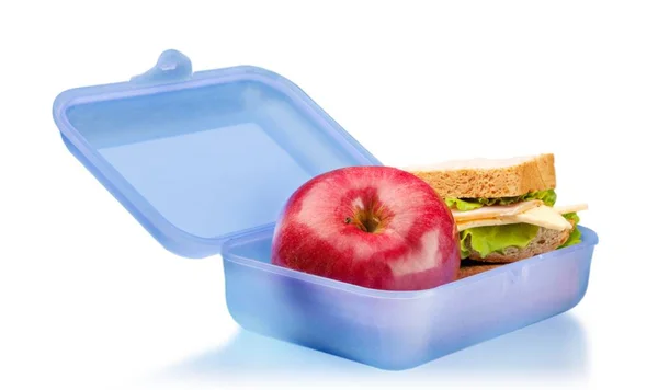 Lunchbox Con Mela Rossa Panino Sfondo Bianco — Foto Stock