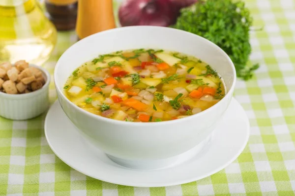 Bowl of vegetables delicious soup — Stock Photo, Image