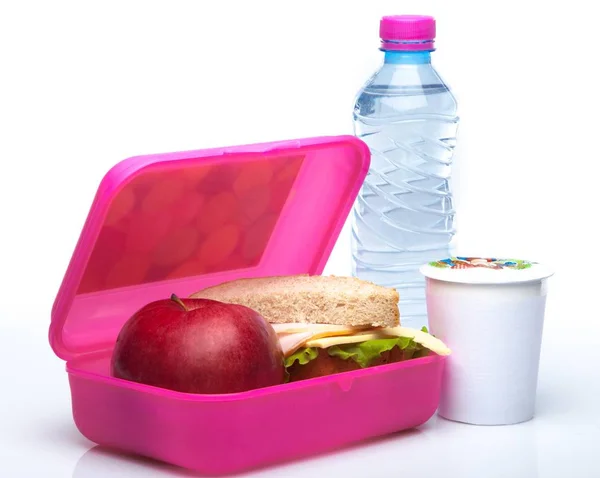Lunchbox Con Mela Rossa Panino Sfondo Bianco — Foto Stock