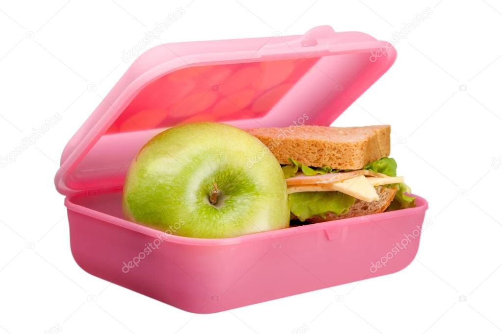 Lunchbox with green apple and sandwich on white background