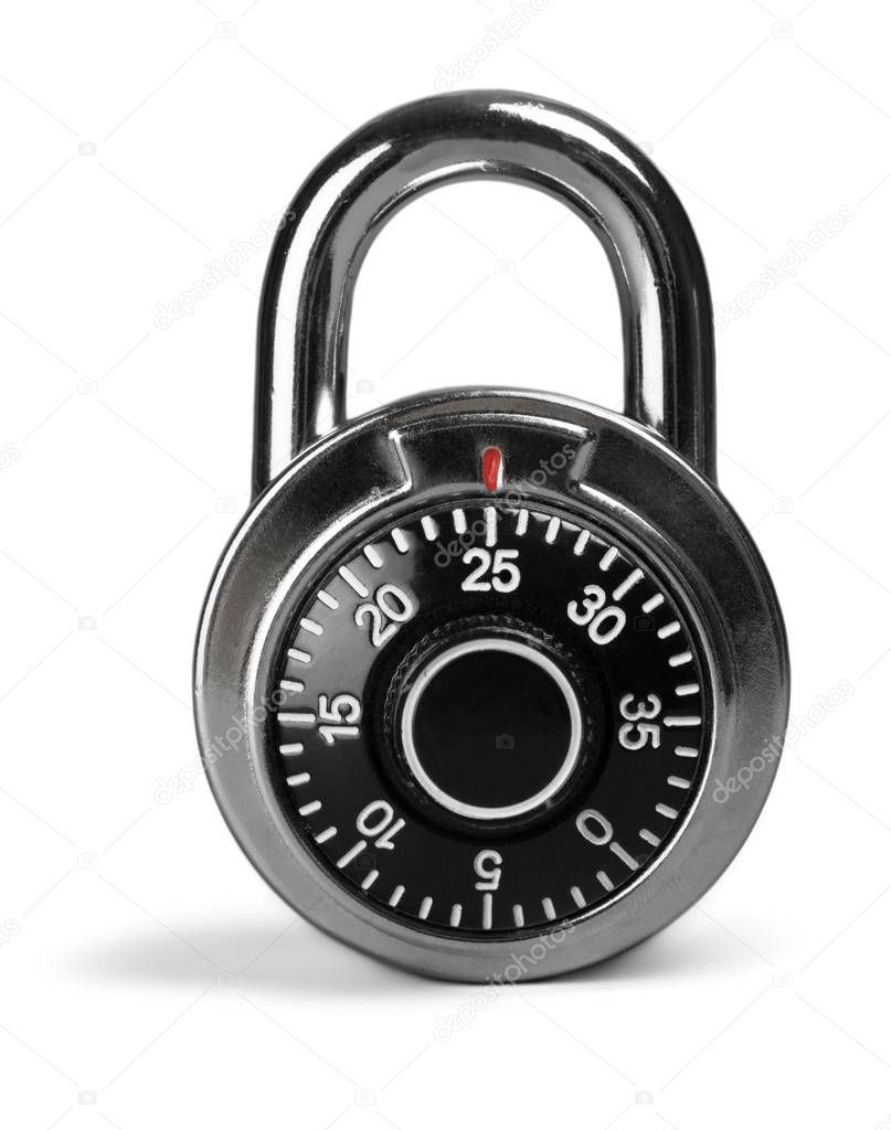 closed silver combination lock isolated on  background