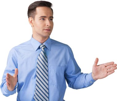 Beyaz arka planda el kol hareketi yapan iş adamı