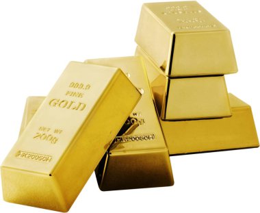 Beyaz arkaplanda izole edilmiş altın çubuklar