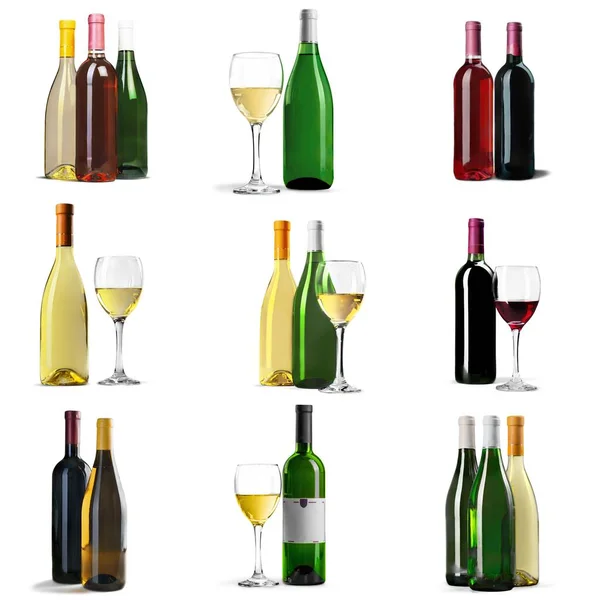 Különböző Borosüvegek Készlete Fehér Alapon Elkülönítve — Stock Fotó