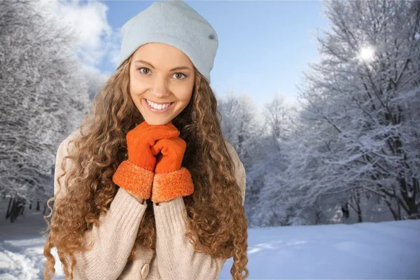 Beautiful Portrait Happy Woman Snowy Winter — Stock Photo, Image