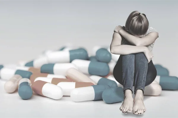 Sad Girl Pill Background — Stock Photo, Image