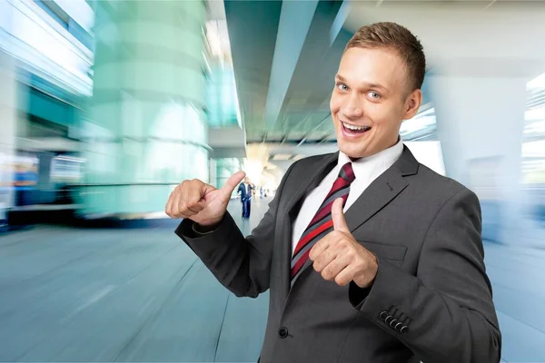Young Businessman Suit Tie Showing Thumbs — Stock Photo, Image
