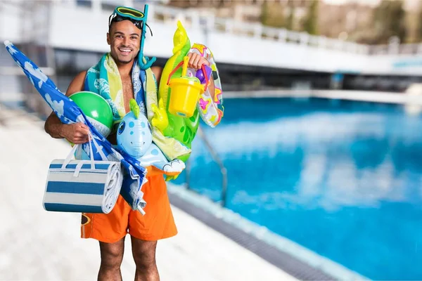 Happy Man Wearing Swim Mask Holding Inflatable Mattress Pool — Φωτογραφία Αρχείου