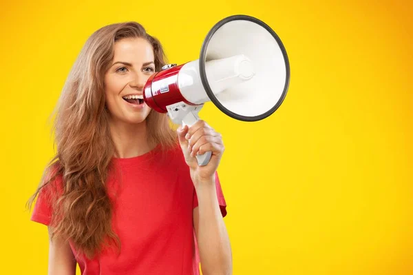 Young Woman Shouting Megaphone Background — Stock Photo, Image