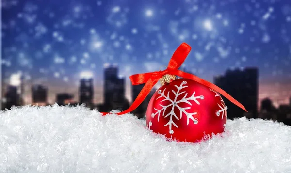 Christmas Colorful Balls Snow City Background — Fotografia de Stock