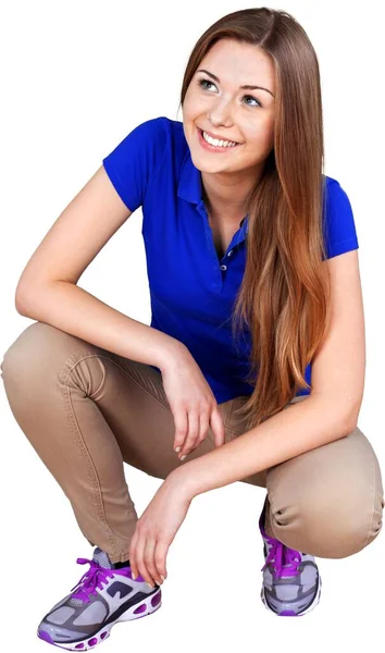 Young Woman Blue Shirt Isolated White Background — Stock Photo, Image