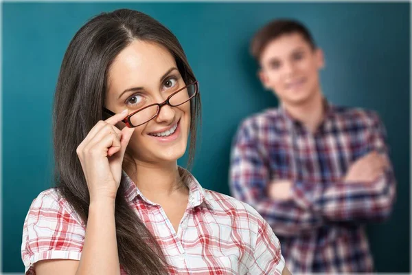 Young Woman Holds Glass Smile Man Background — Φωτογραφία Αρχείου