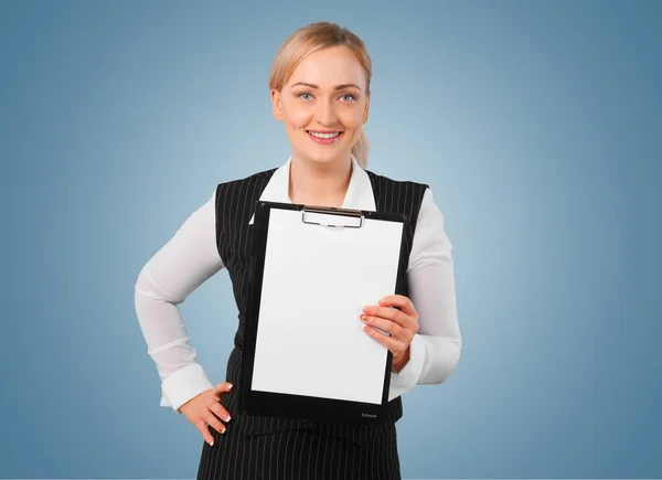 Smiling Businesswoman Blank Paper Clipboard — Stock Fotó