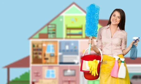 Young Woman Cleaning House Colorful Rag — Stock Photo, Image