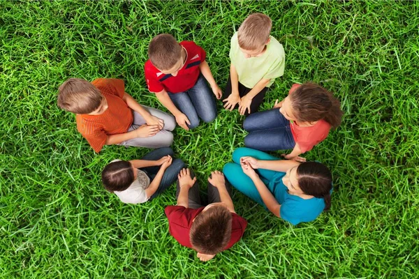 Group Happy Children Sitting Green Grass Top View — Stockfoto