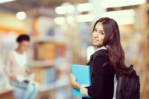 Ung Student Flicka Med Böcker Biblioteket — Stockfoto