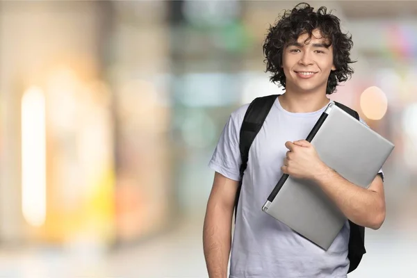 Χαμογελώντας Έλληνας Μαθητής Laptop — Φωτογραφία Αρχείου