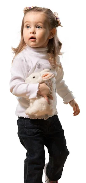 Счастливая Маленькая Девочка Кроличьей Игрушкой — стоковое фото
