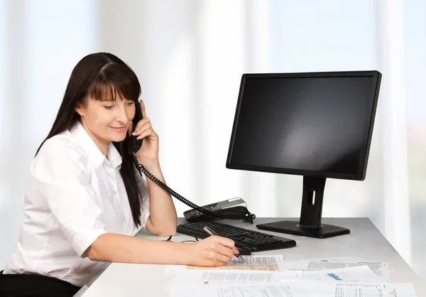 Businesswoman Talking Phone Office — Stock Photo, Image