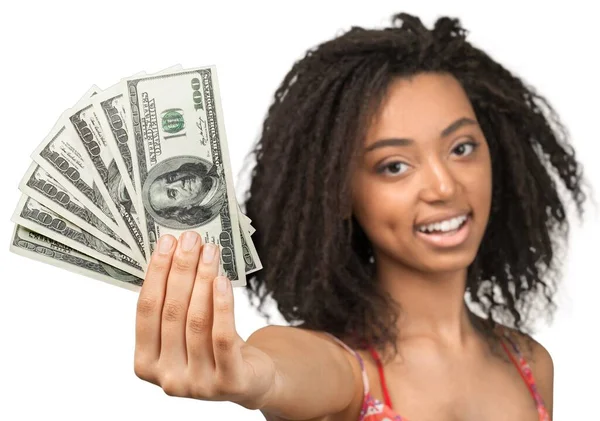 Красива Молода Дівчина Тримає Гроші — стокове фото