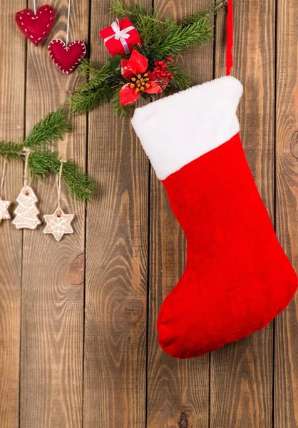 Χριστουγεννιάτικη Κάλτσα Ξύλινο Φόντο — Φωτογραφία Αρχείου