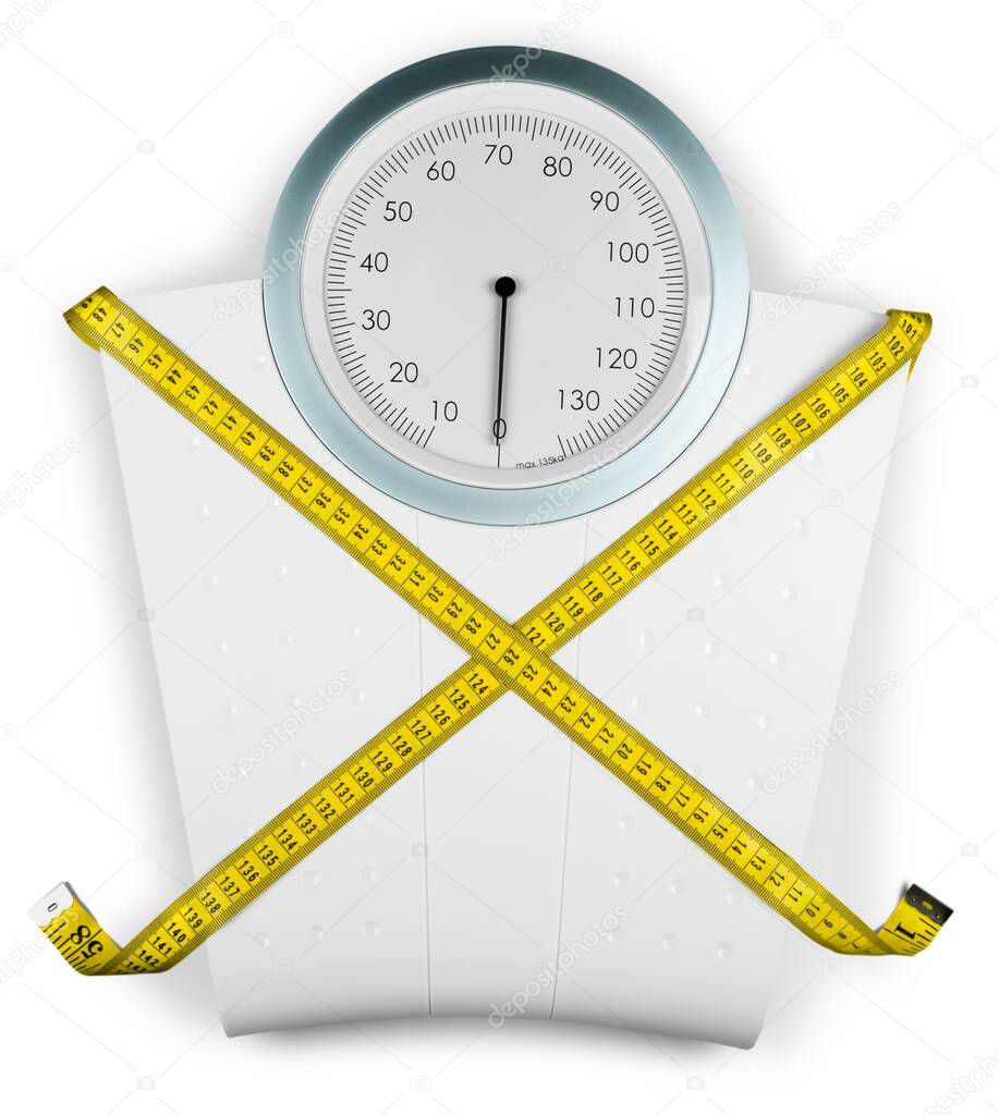 measure tape and bathroom scale on a white background