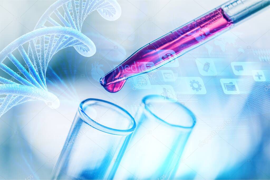 science laboratory test tubes and pipet with drop, laboratory equipment closeup