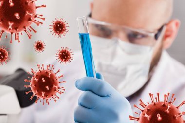 Laboratuvarda Coronavirus testi yapan kırmızı üniformalı bir bilim adamı.