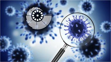 covid 19, virüs hücreleri veya bakteriler ve arka planda büyüteç