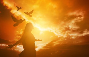  Günbatımında kadın ve kuşların silueti
