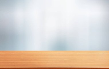 Bokeh ışığı ve ahşap arka planı olan boş ahşap masa