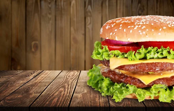 Tasty Hamburger Wooden Table — Stock Photo, Image