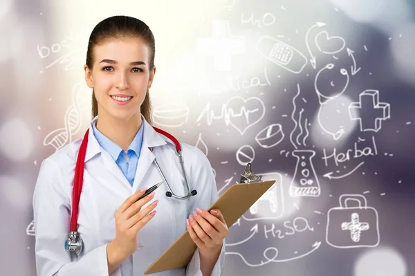 Young Female Doctor Stethoscope Holding Tablet — Stock Photo, Image