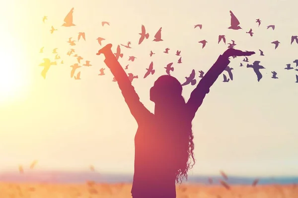 Silhouette Eines Mädchens Mit Fliegenden Vögeln Strand — Stockfoto