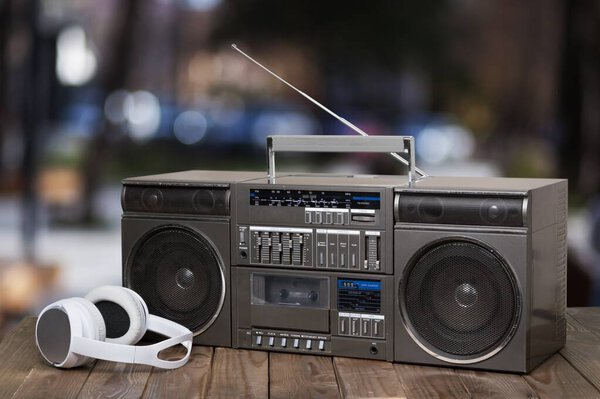 Retro style radio, microphone and headphones