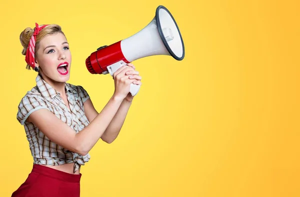 Young Woman Shouting Megaphone Background — Stock Photo, Image