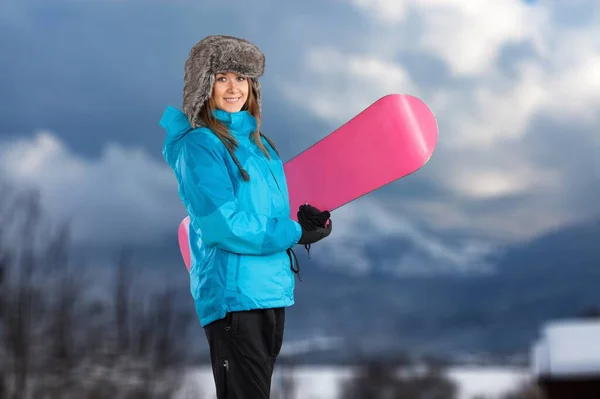 Ragazza Abiti Invernali Con Snowboard Sulla Pista Sci — Foto Stock