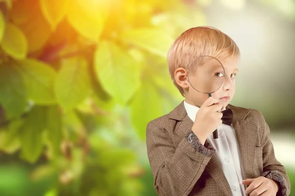 Little Boy Magnifying Glass Outdoors — Stock Photo, Image