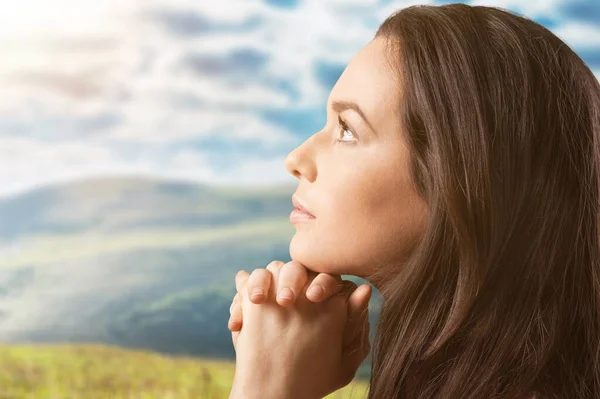 Portrait Beautiful Young Woman Praying Outdoor — Stock Photo, Image