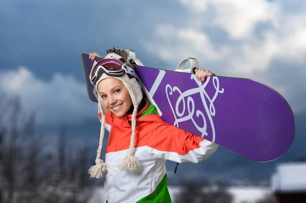 Chica Traje Esquí Celebración Snowboard Fondo Las Montañas —  Fotos de Stock