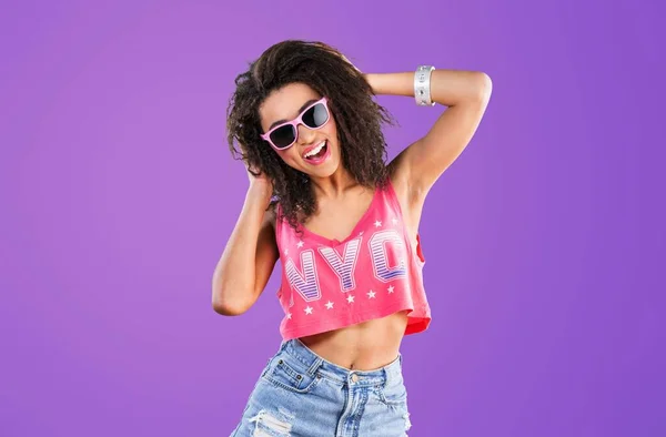 Young Woman Sunglasses Pink Top Posing Purple Background — Stock Photo, Image