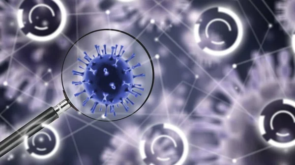 Covid Virüs Hücreleri Veya Bakteriler Arka Planda Büyüteç — Stok fotoğraf