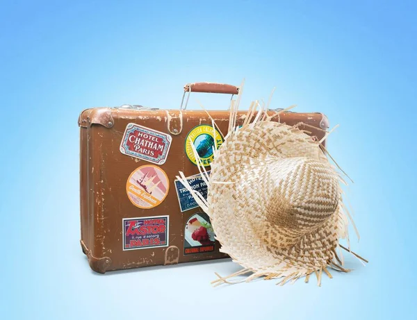 Vintage Suitcase Straw Hat Blue Background — Stock Photo, Image