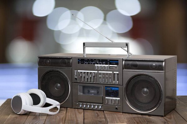 retro radio on wooden table 