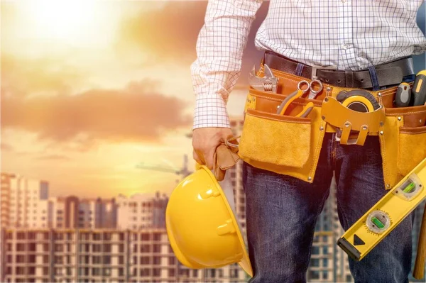 Bauarbeiter Mit Helm Und Schutzuniform Hintergrund — Stockfoto