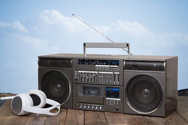 Retro style radio, microphone and headphones