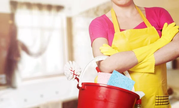 Mulher Cleaner Com Equipamento Isolado Segundo Plano — Fotografia de Stock